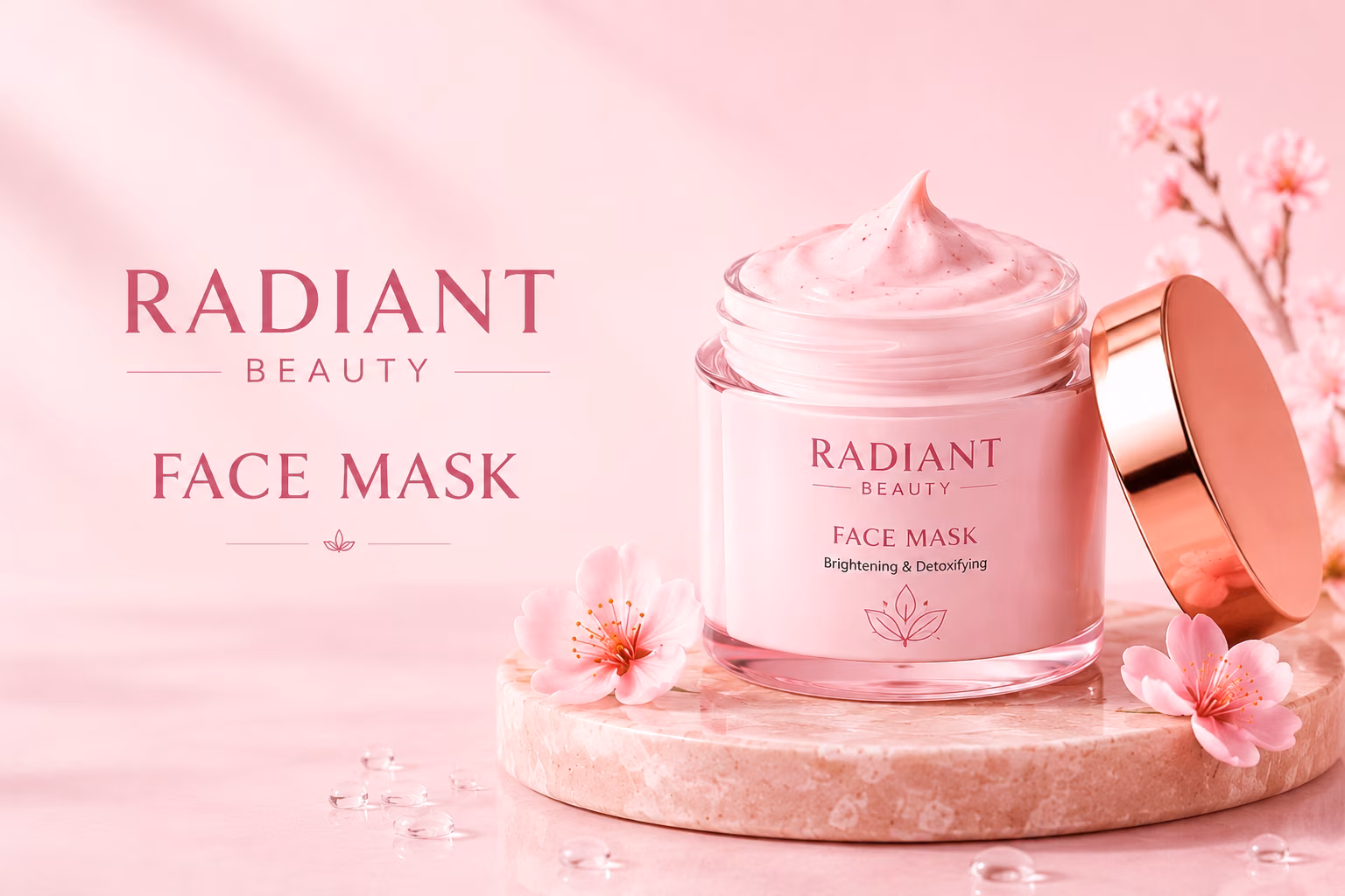 Radiant Beauty Face Mask in premium pink packaging with soft pastel floral background for glowing and refreshed skin.