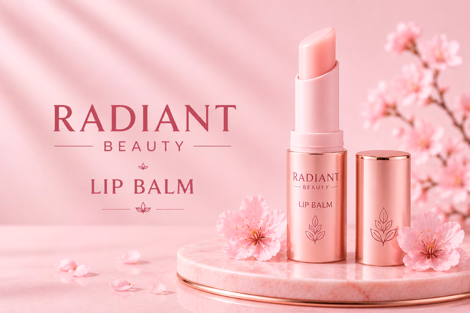 Radiant Beauty Lip Balm in premium pink packaging with a soft pastel floral background for smooth, hydrated lips.