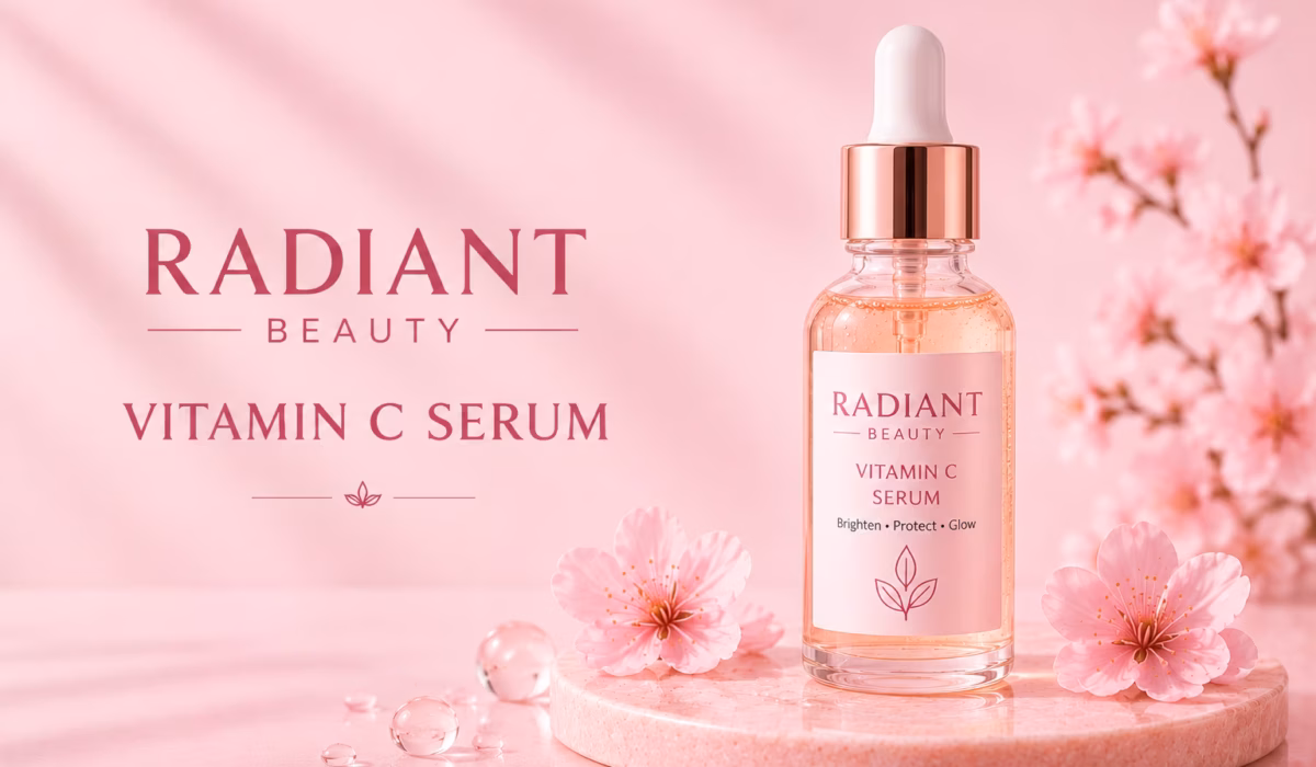 Radiant Beauty Vitamin C Serum in a premium pink dropper bottle with a soft pastel floral background for bright, glowing skin.