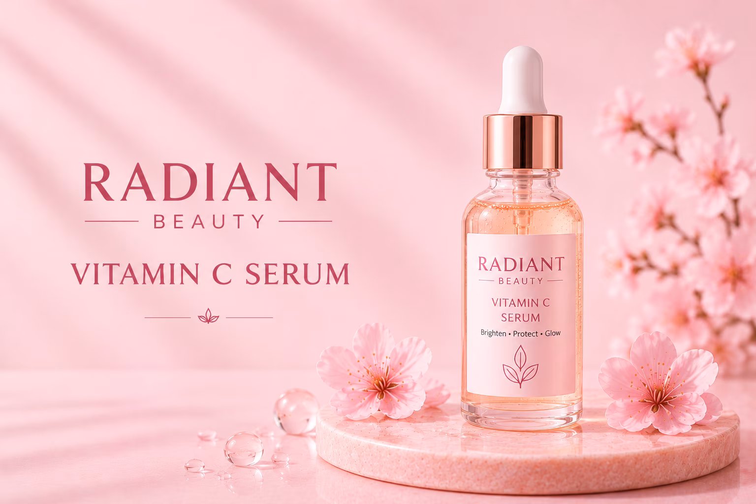 Radiant Beauty Vitamin C Serum in a premium pink dropper bottle with a soft pastel floral background for bright, glowing skin.