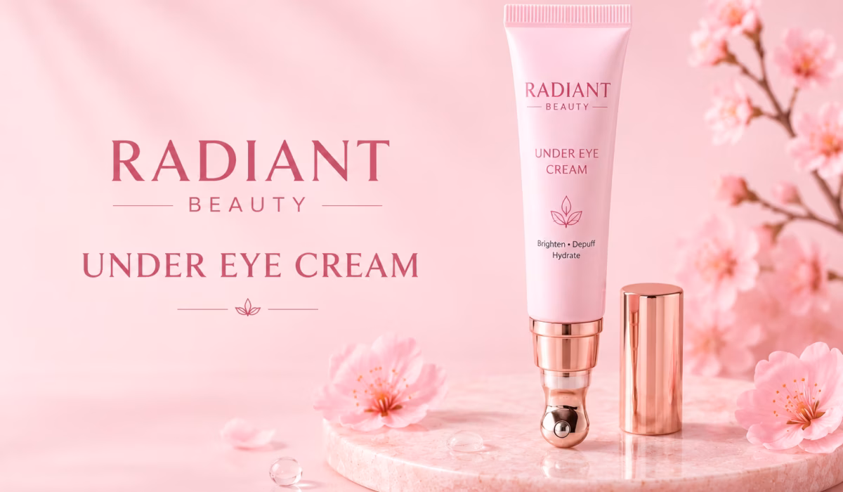 Radiant Beauty Under Eye Cream in a premium pink massage applicator tube with a soft pastel floral background for reducing puffiness and dark circles.