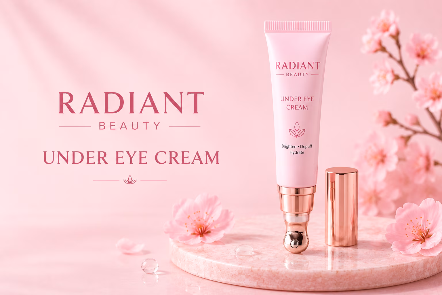 Radiant Beauty Under Eye Cream in a premium pink massage applicator tube with a soft pastel floral background for reducing puffiness and dark circles.